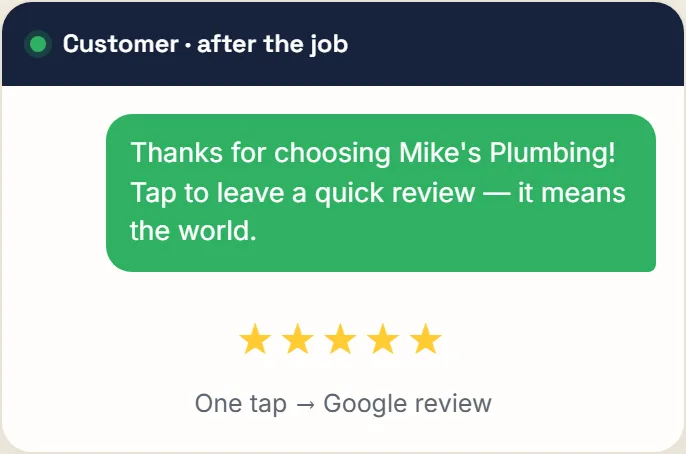 The one-tap review ask a customer gets after the job (illustrative screen)